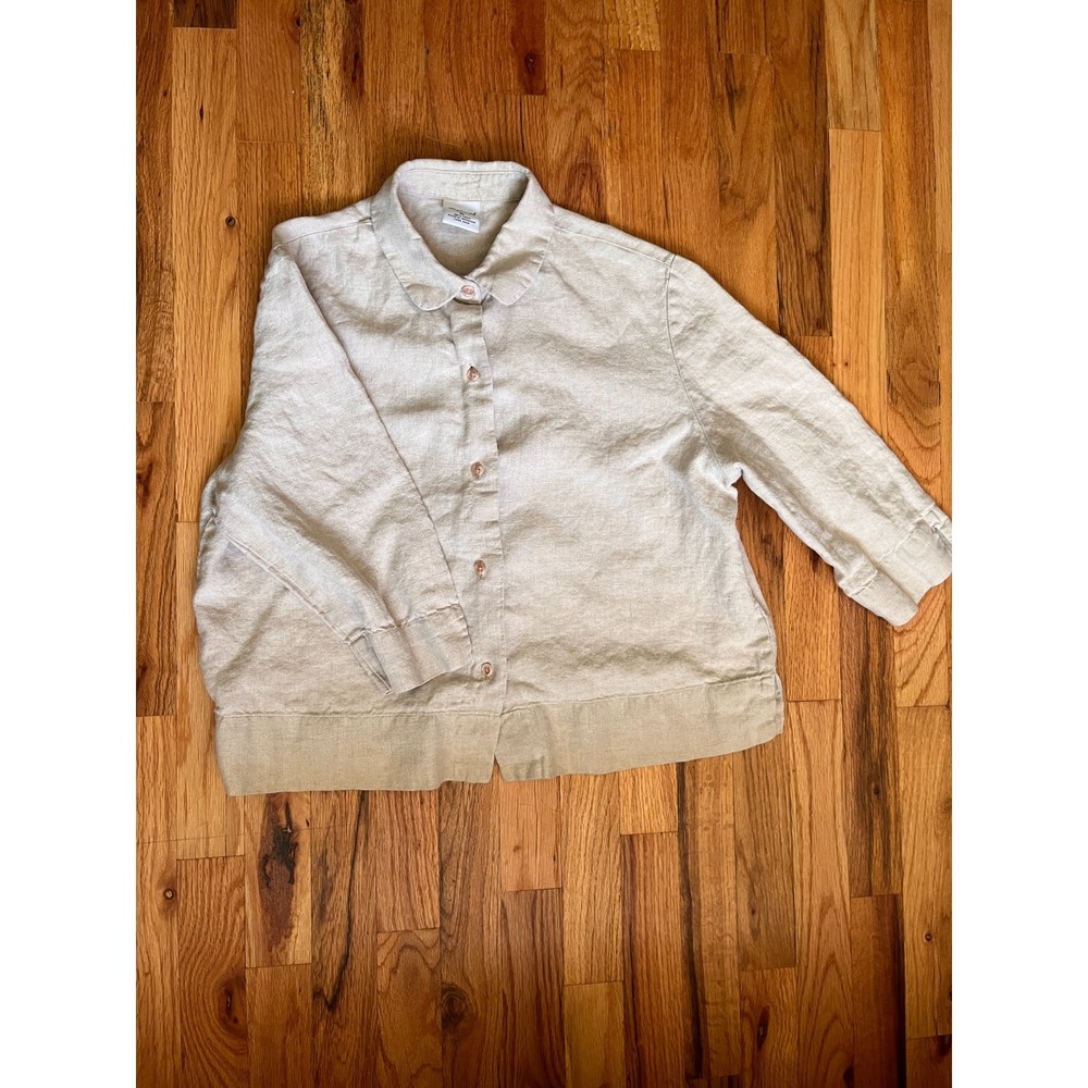 Westbound Vintage Beige Linen Collared Button Up Top 3/4 length Sleeves Size PL